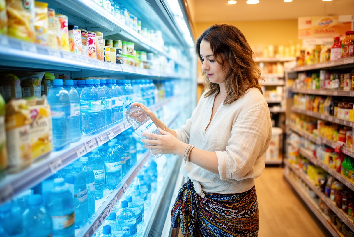 Femme habillée d'une chemise en lin et d'un paréo dans un supermarché en vacances