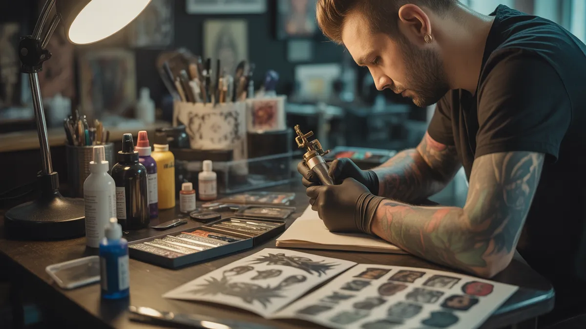 Espace de travail professionnel d'un tatoueur avec outils, encres et portfolio de designs