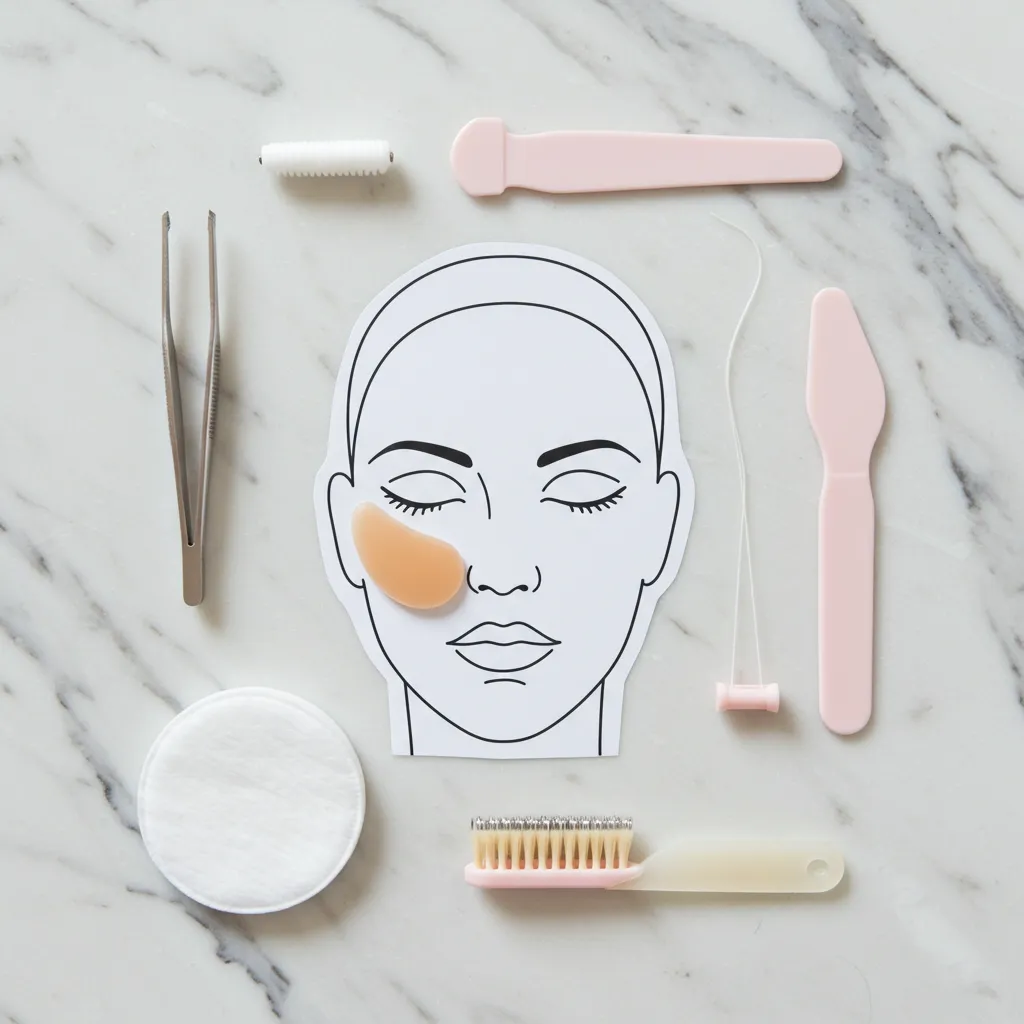 Outils d'épilation du visage par zone : pince à épiler, fil à épiler, spatule à cire et cotons disposés sur marbre blanc