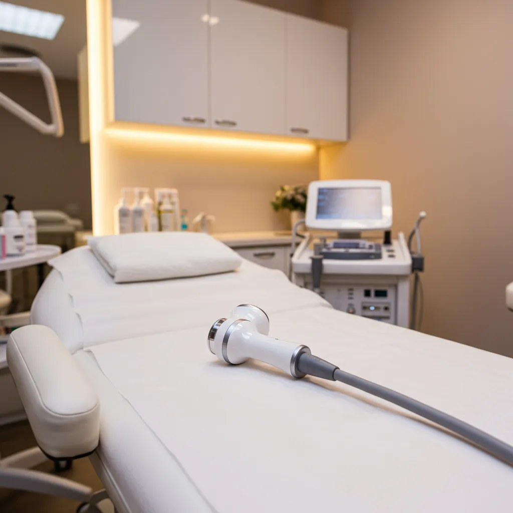 Appareil de traitement HIFU dans une cabine de médecine esthétique moderne pour le raffermissement du menton