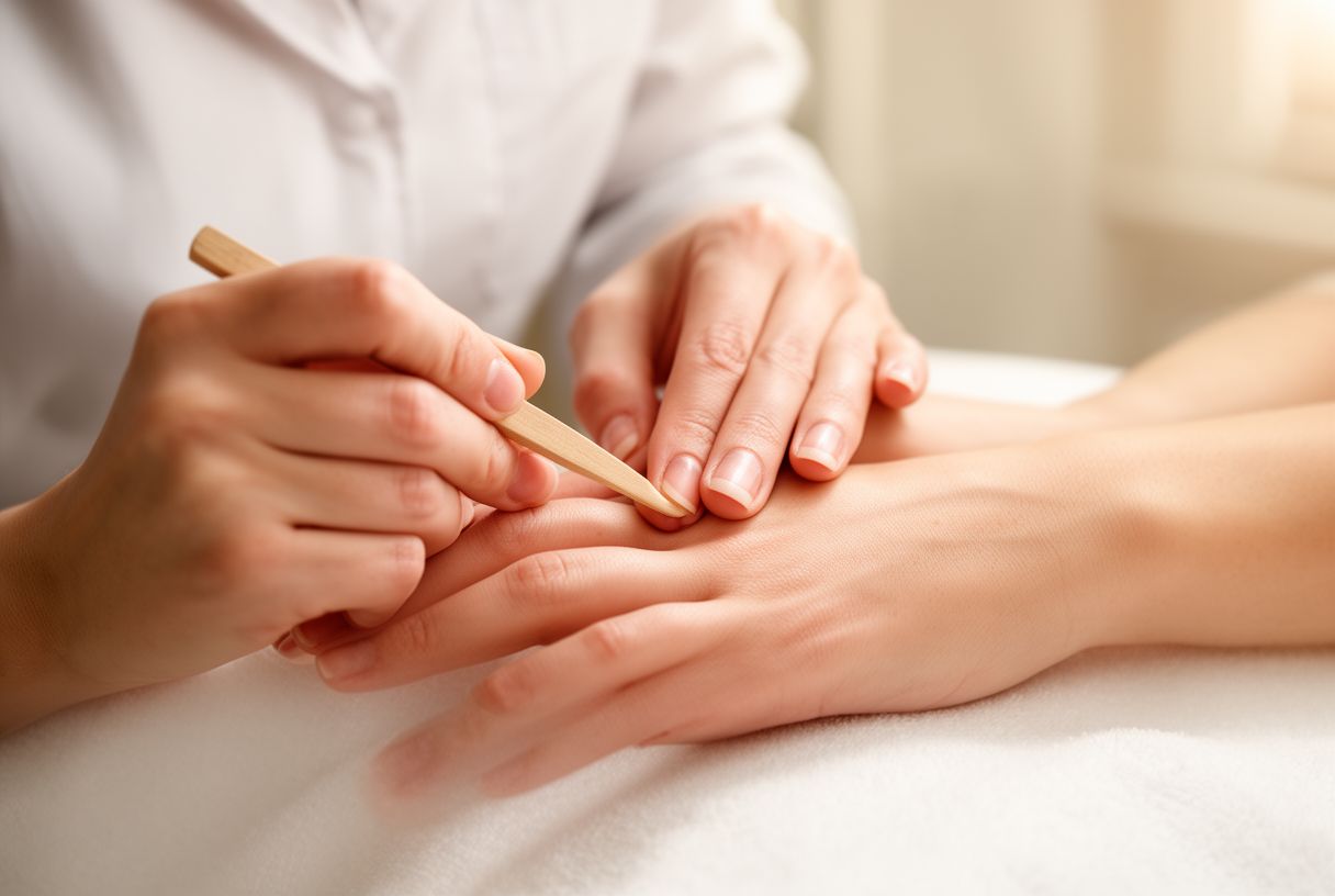 Une manucure repousse délicatement les cuticules avec un bâtonnet de buis