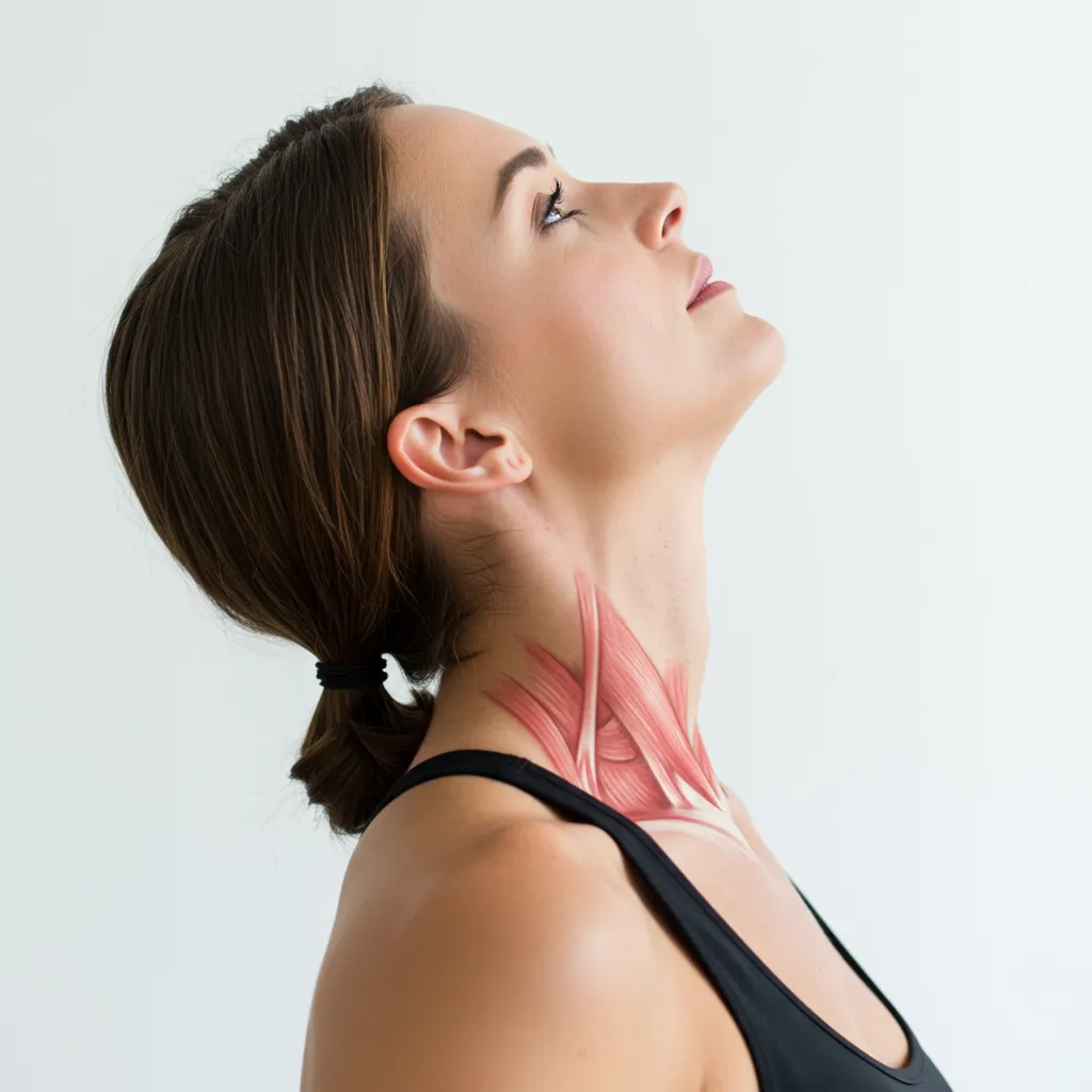Femme effectuant l'exercice du regard plafond pour tonifier le muscle platysma et réduire le double menton