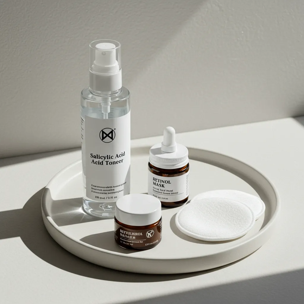 Sélection de produits dermatologiques anti-points noirs incluant acide salicylique, masque à l'argile et rétinoïde sur plateau blanc