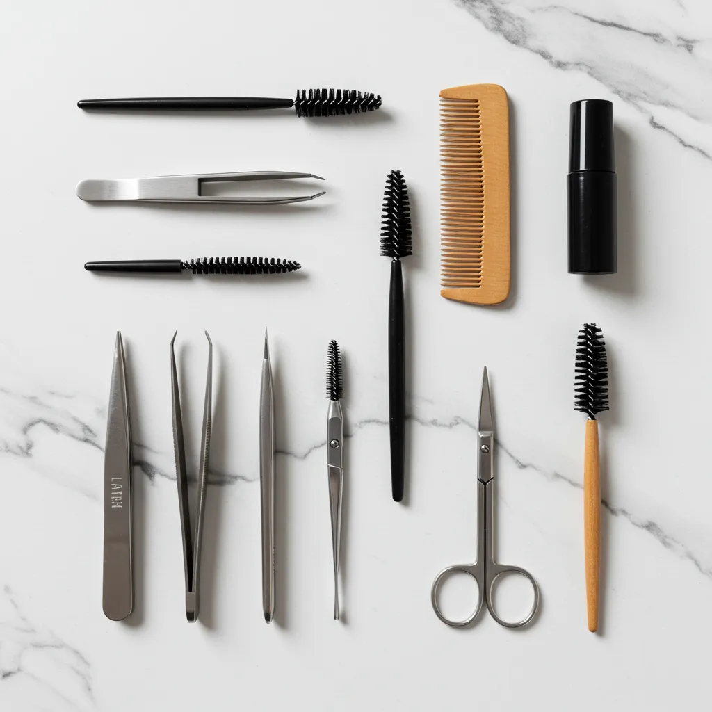 Outils d'épilation des sourcils pour homme : pince à épiler, ciseaux et brosse posés sur marbre blanc
