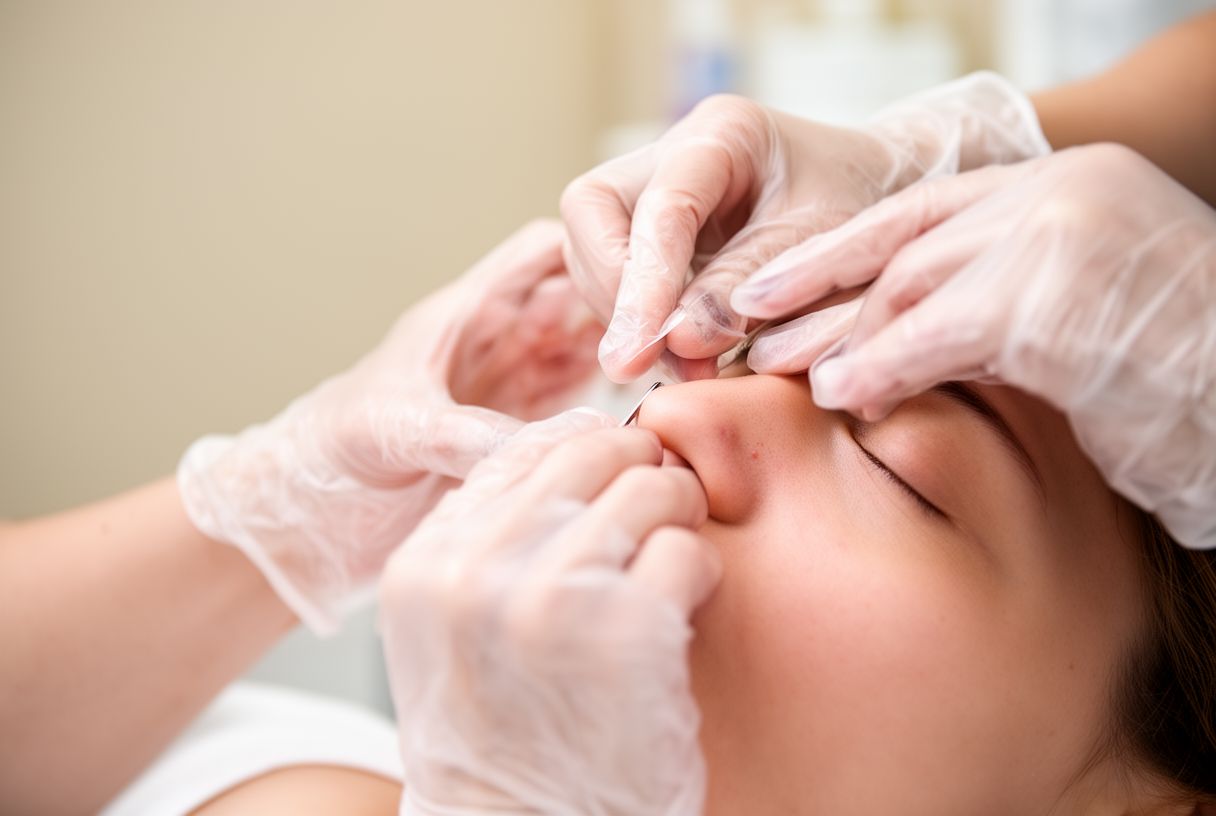 Gros plan sur des mains gantées réalisant un soin de précision en institut de beauté