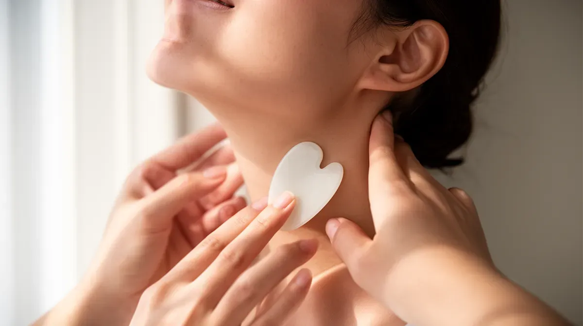 Personne effectuant un massage gua sha sous le menton avec des mouvements ascendants