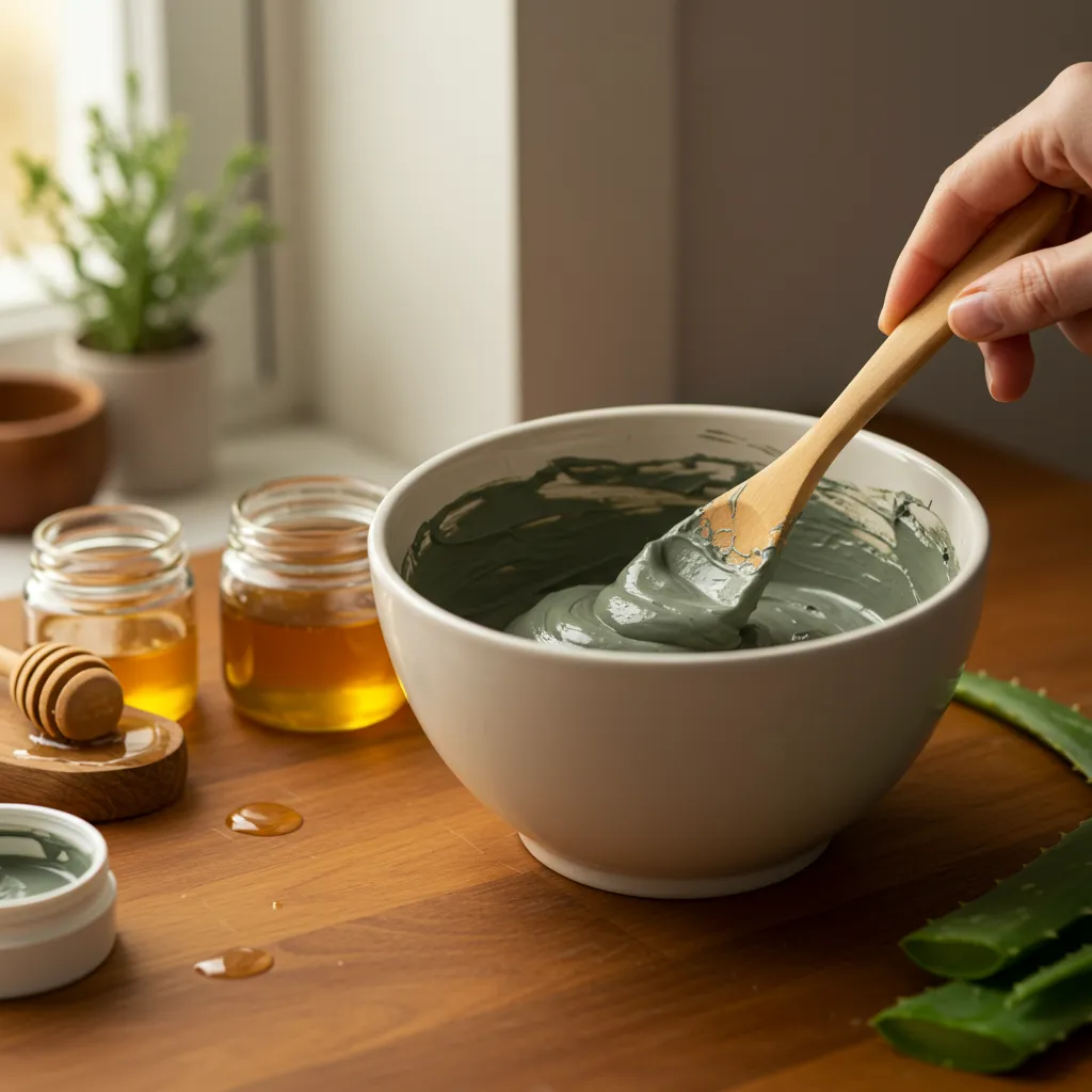 Préparation d'un masque argile verte maison dans un bol en céramique avec miel et aloe vera comme ingrédients naturels