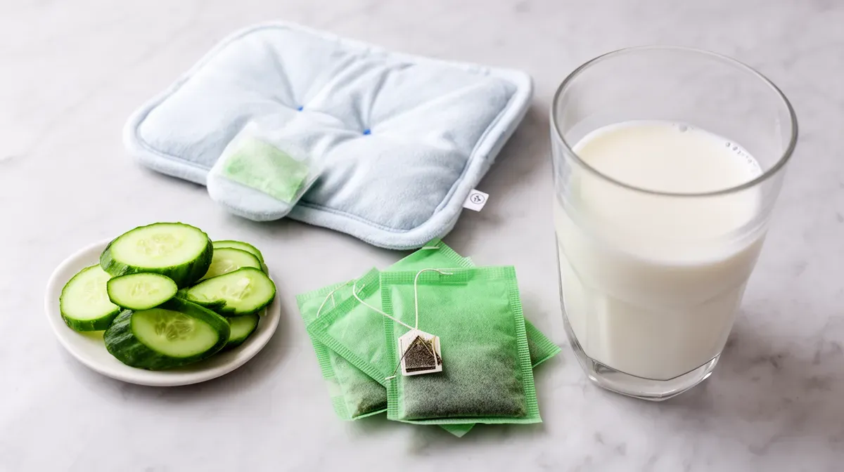 Arrangement de remèdes naturels froids : concombre, sachets de thé vert, compresses froides et lait froid