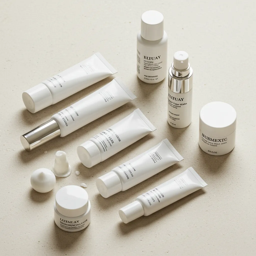 Vue de dessus d'une gamme de soins dermatologiques organisée par type de peau sur une surface en pierre claire
