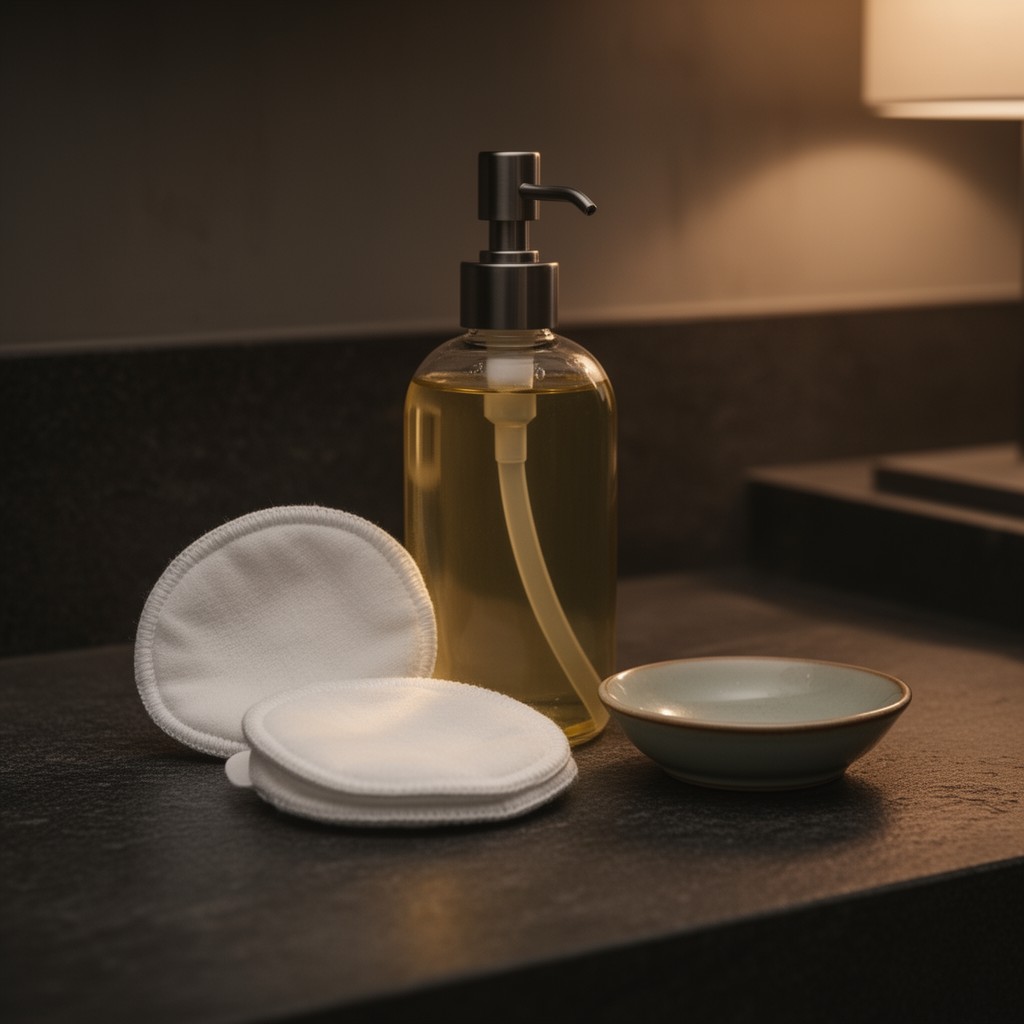 Cotons lavables et flacon sans étiquette posés sur un plan de vasque le soir