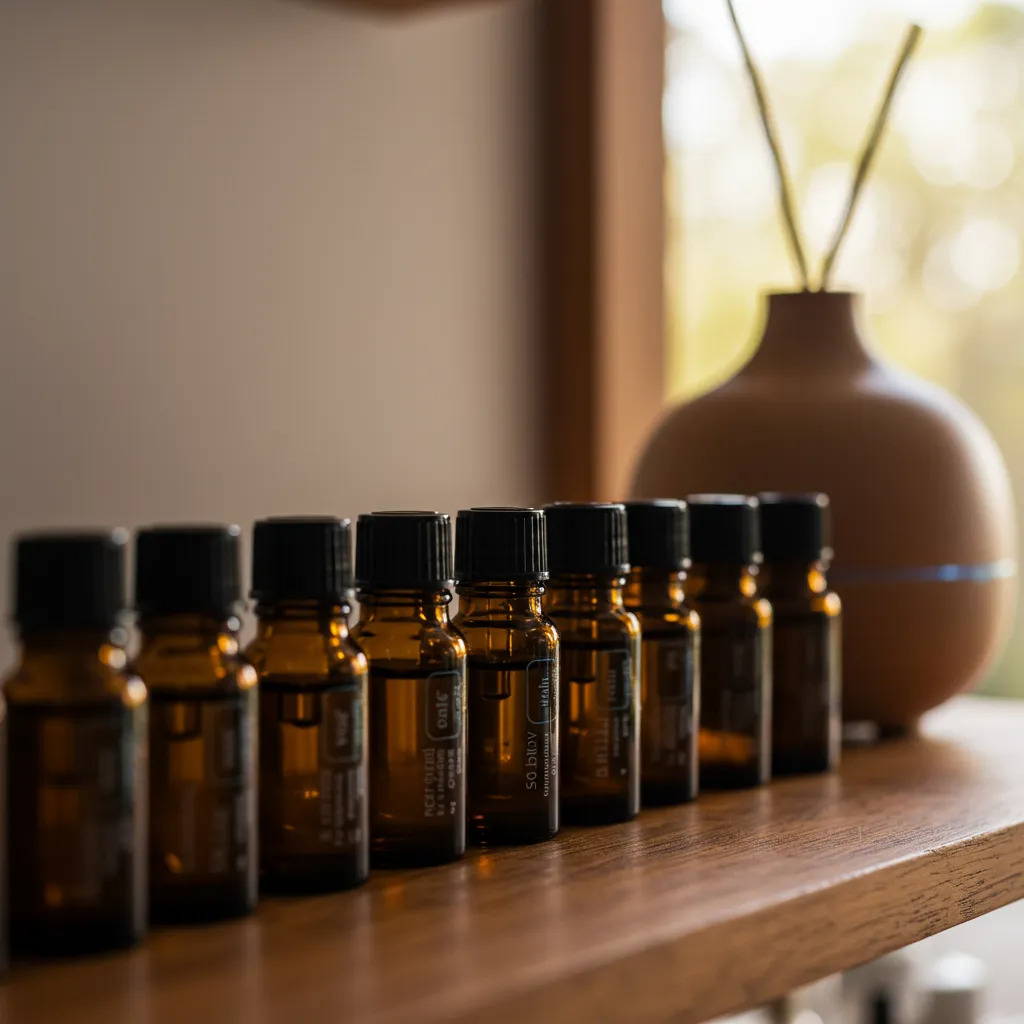 Rangement sécurisé de flacons d'huiles essentielles dont le tea tree, illustrant les précautions d'usage et contre-indications