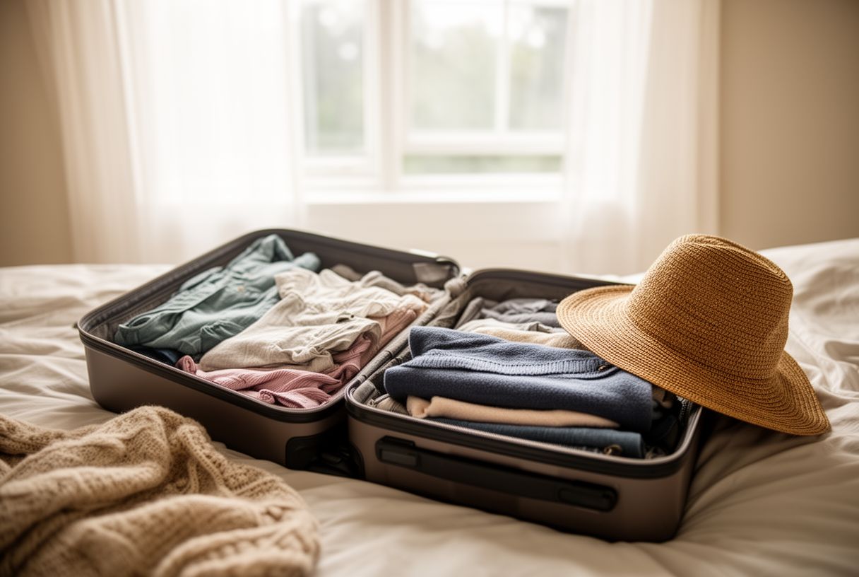 Valise ouverte près d'une fenêtre lumineuse évoquant une courte escapade de week-end