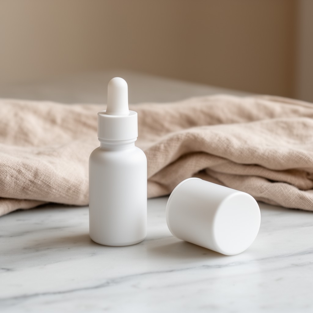Petit flacon pipette blanc sans étiquette posé sur un plan en marbre clair