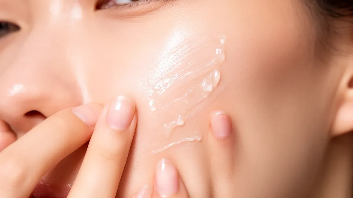 Application délicate d'un sérum au rétinol sur la peau du visage avec technique de massage léger