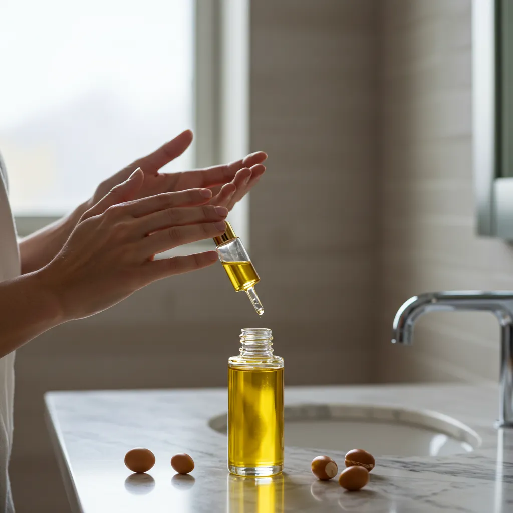 Application quotidienne d'huile d'argan sur le visage dans une salle de bain lumineuse