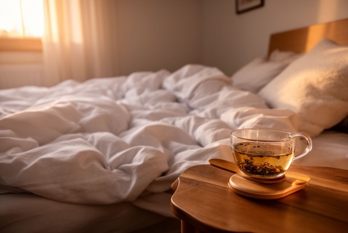 Chambre baignée de lumière matinale avec draps froissés et tasse de tisane