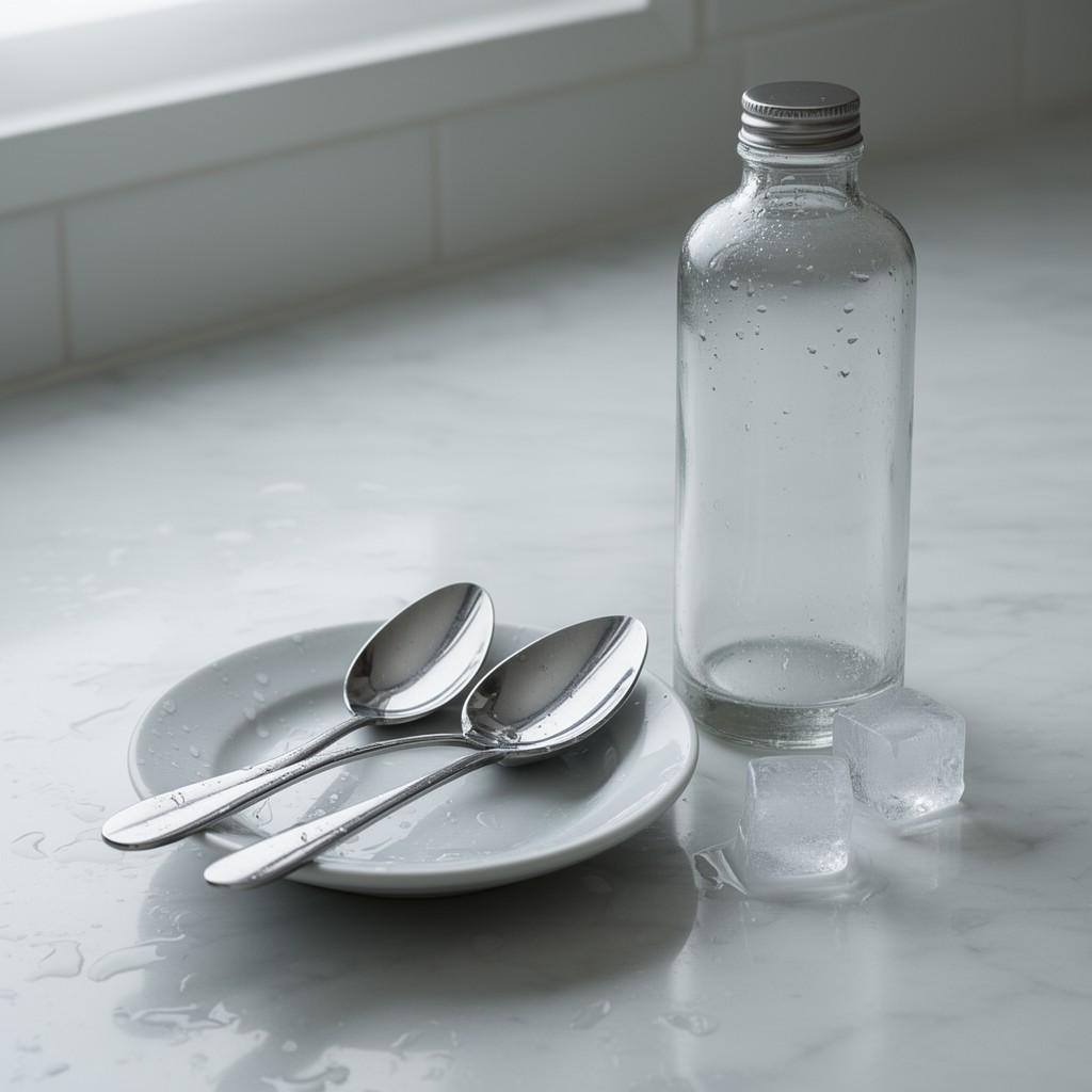 Deux cuillères en inox et un roll-on froid posés près de glaçons sur un plan de vasque