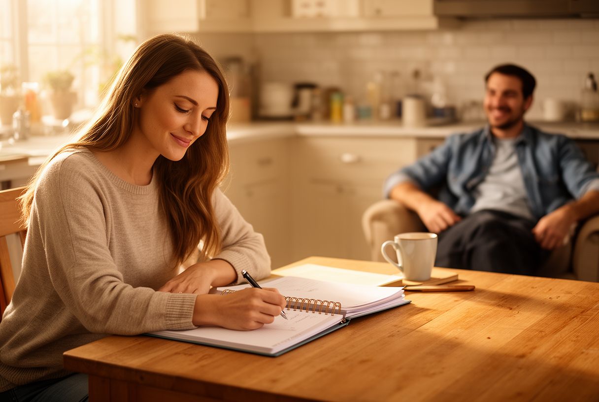 Une femme organise l'agenda pendant que son partenaire se détend en arrière-plan