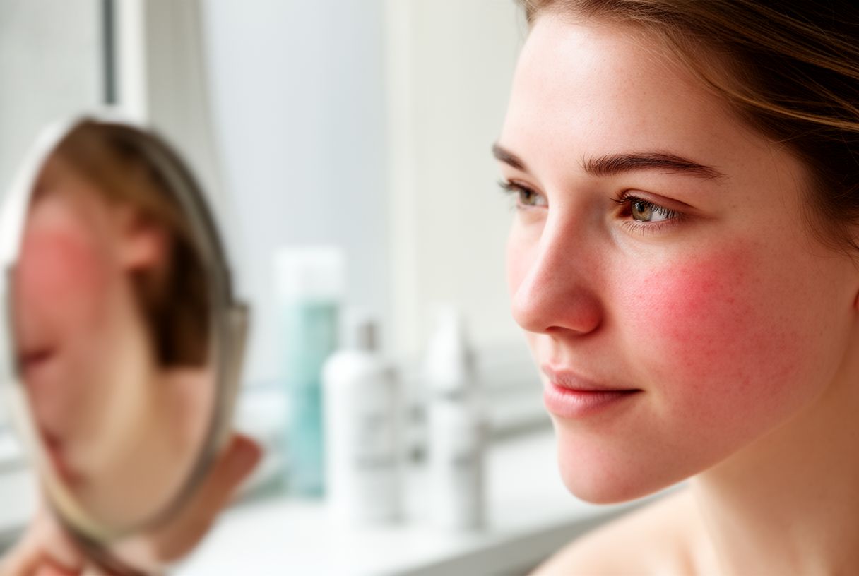 Femme observant sa peau rougie et sensible dans un miroir