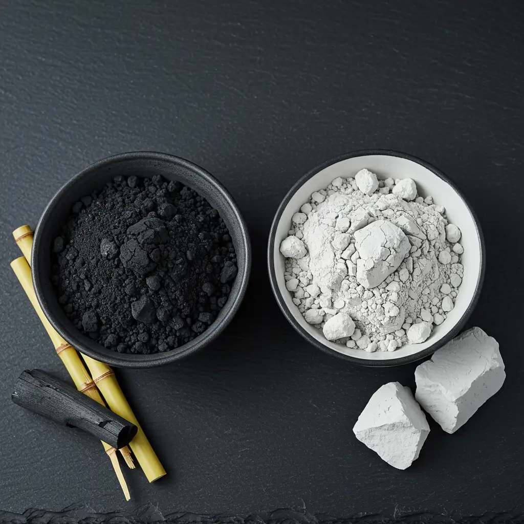 Comparaison visuelle entre le charbon actif noir en poudre et l'argile blanche, deux ingrédients purifiants pour le visage