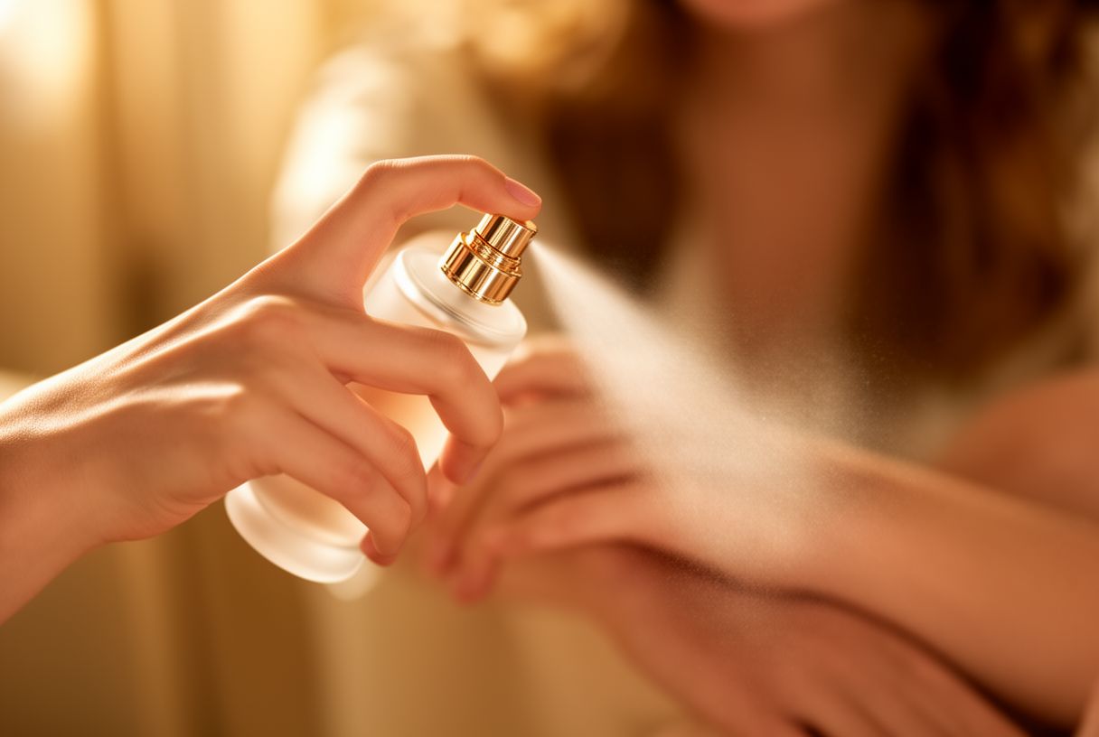 Femme vaporisant un parfum sur son poignet dans une lumière douce et chaleureuse