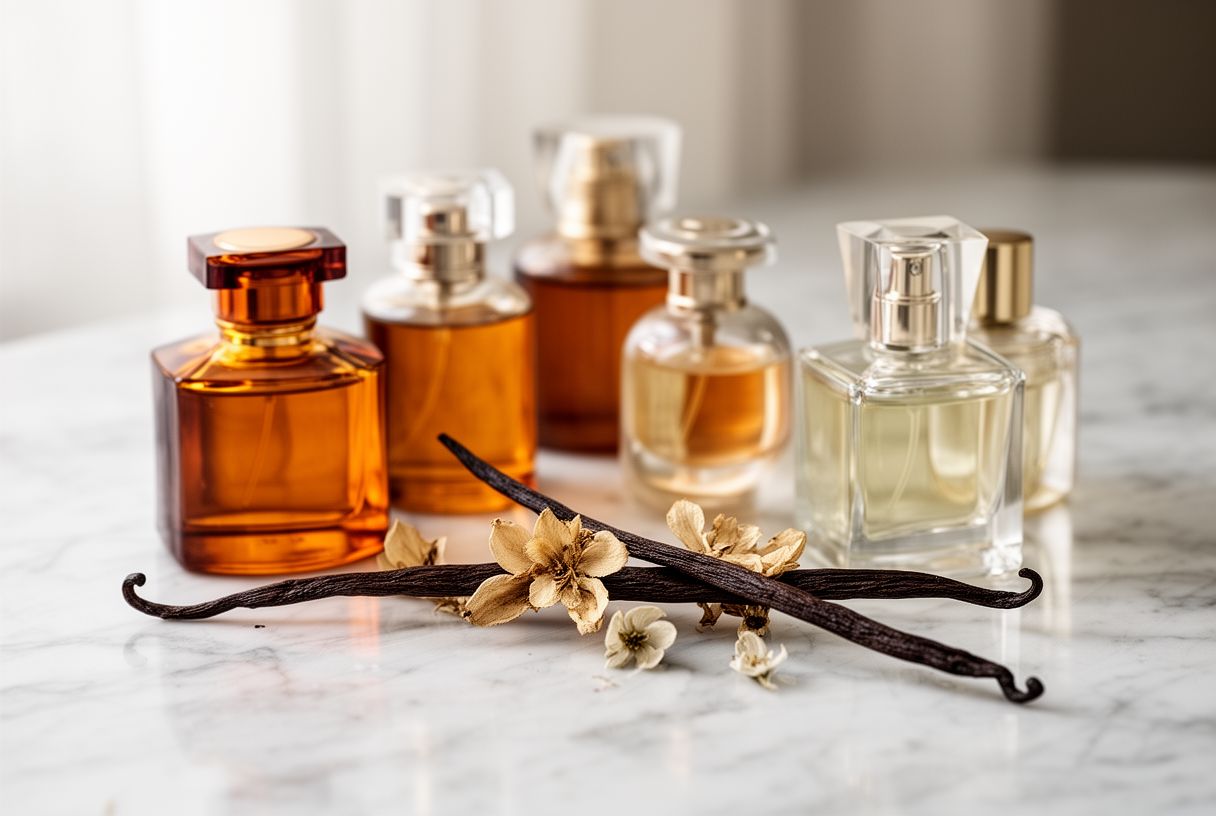 Plusieurs flacons de parfum sans étiquette posés sur du marbre avec des fleurs séchées