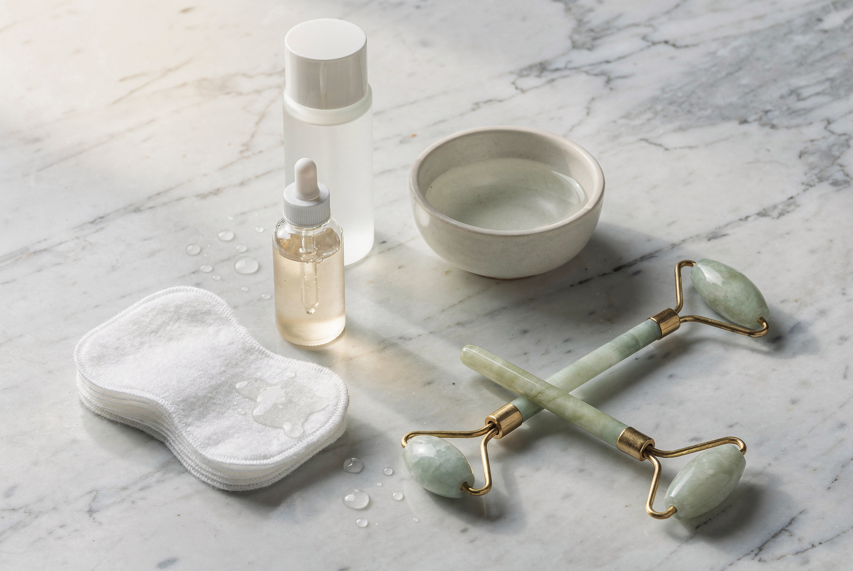 Produits d'une routine skincare coréenne posés sur un plan en marbre : sérum, essence, cotons et rouleau de jade