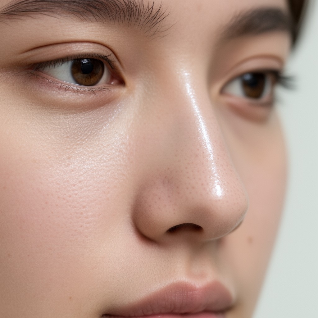 Macro de la zone T légèrement brillante et de la joue mate d'un même visage