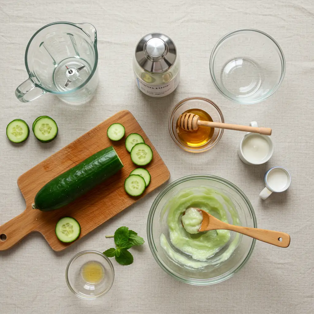 Ingrédients et ustensiles pour préparer un masque au concombre maison