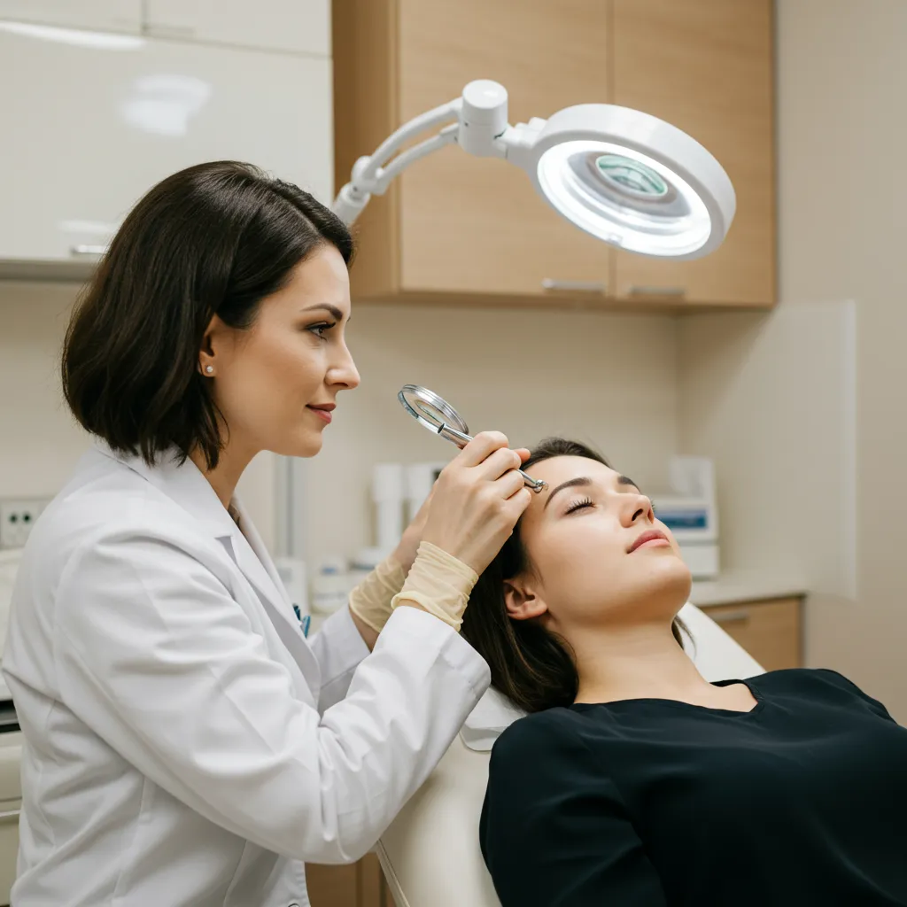 Consultation dermatologique pour l'examen des poches sous les yeux, médecin en blouse blanche et patiente