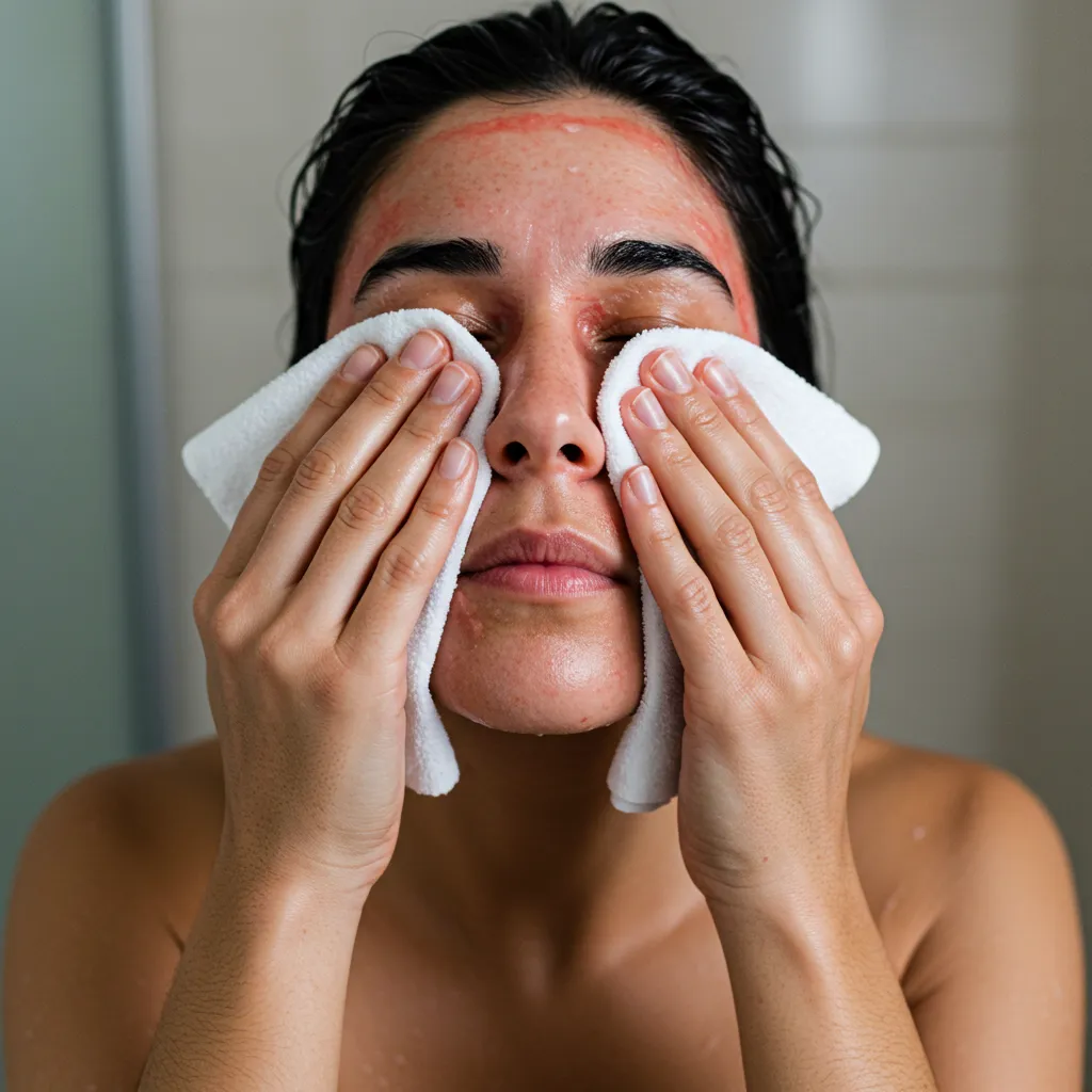 Application d'une compresse froide humide sur le visage pour refroidir une brûlure à la cire
