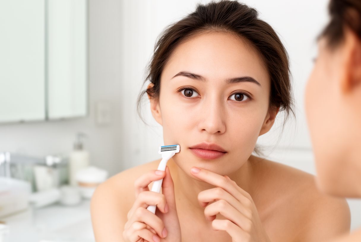 Femme pensive tenant un rasoir dans une salle de bain lumineuse