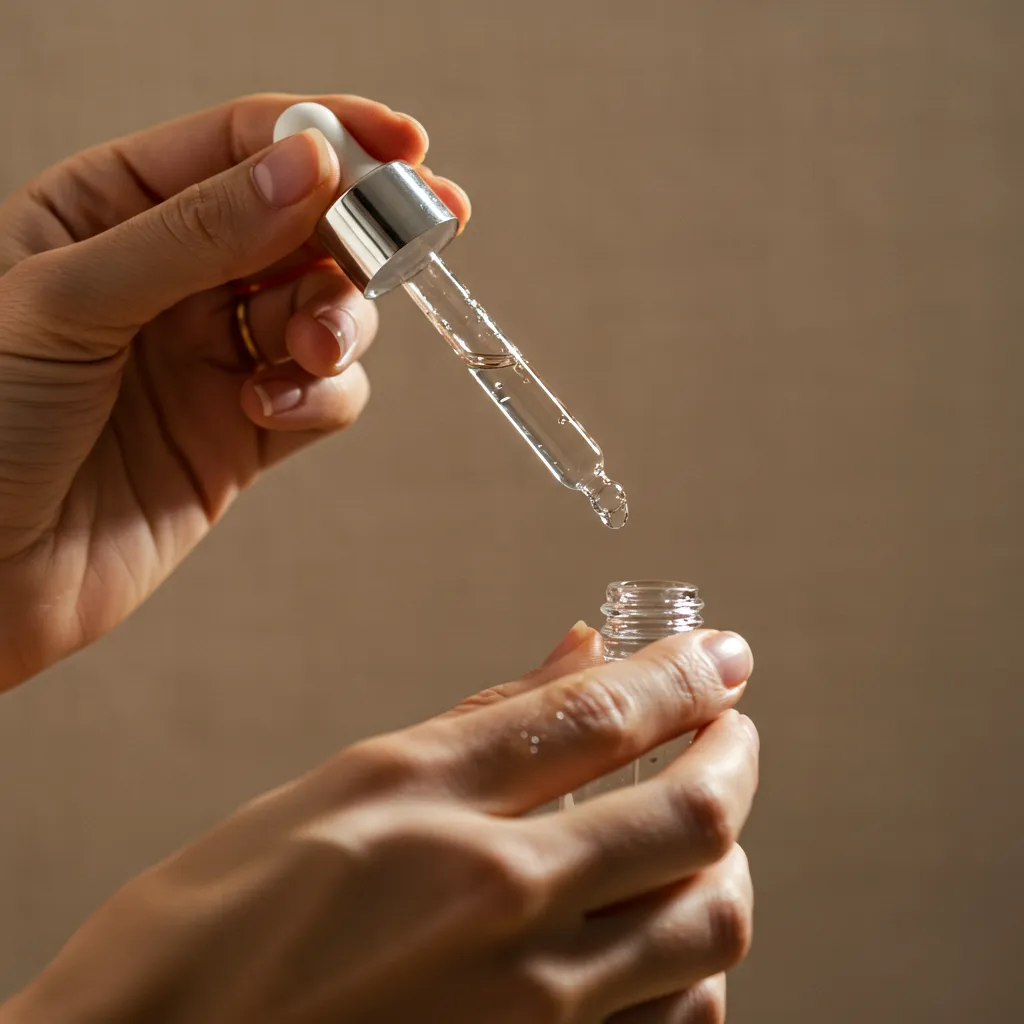 Application d'un sérum transparent sur la peau avec un compte-gouttes en verre, gros plan sur les mains