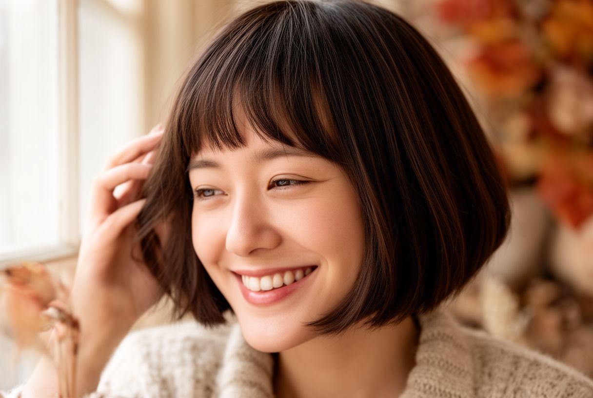 Femme souriante après une coupe courte de type bob pour un nouveau départ