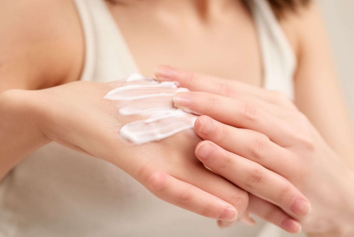 Femme appliquant une crème nourrissante sur le dos de ses mains