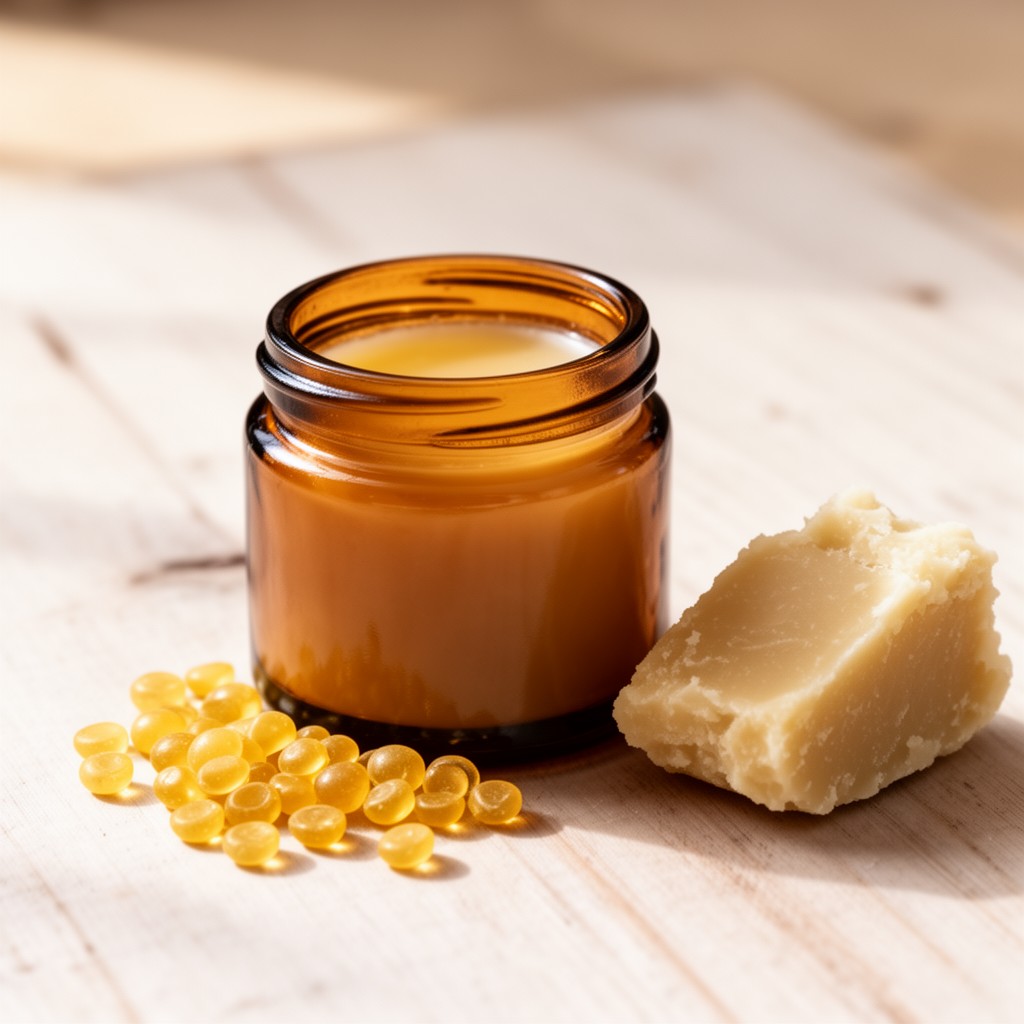 Petit pot en verre ambré rempli de baume maison, pastilles de cire d'abeille à côté
