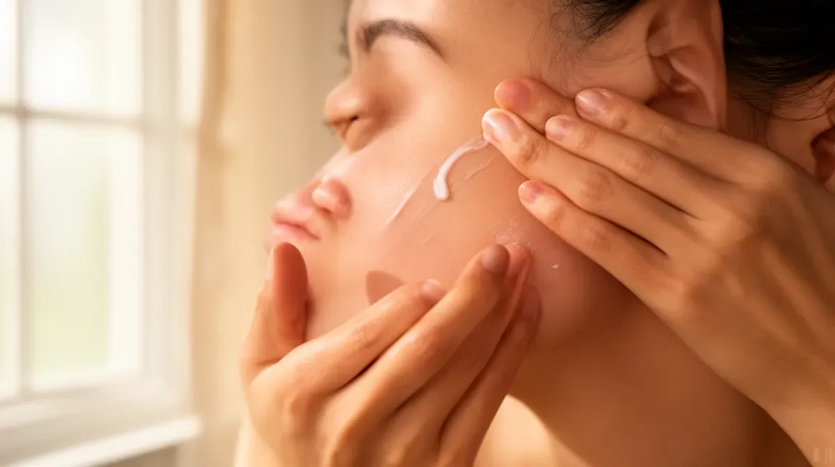 Application d'un sérum ou crème dans une routine quotidienne de soin du visage