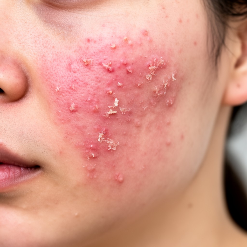 Macro d'une peau du visage irritée et rougie après une agression cosmétique