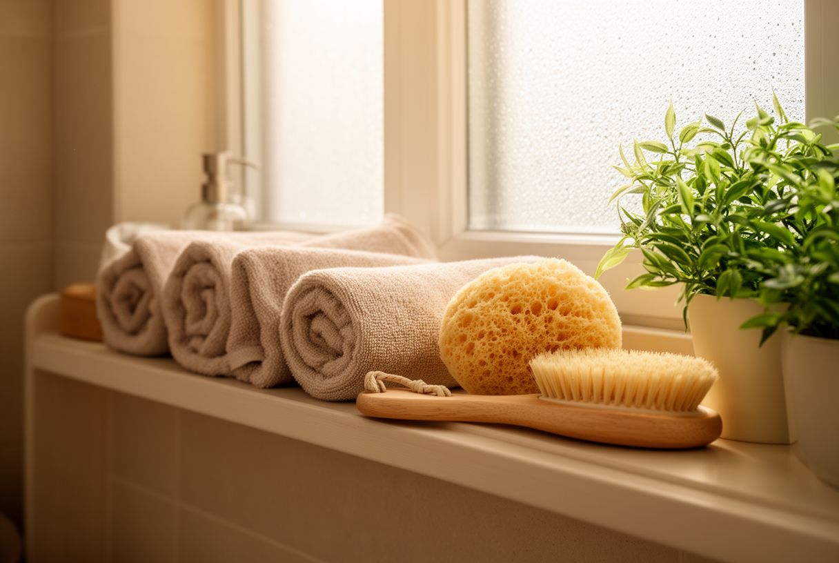 Accessoires de douche disposés dans une salle de bain apaisante, ambiance rituel self-care