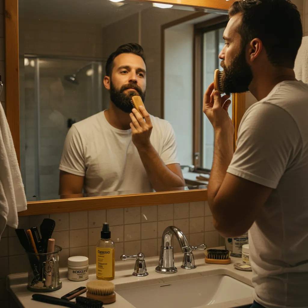 Routine quotidienne de soin de barbe le matin avec application de produit après brossage