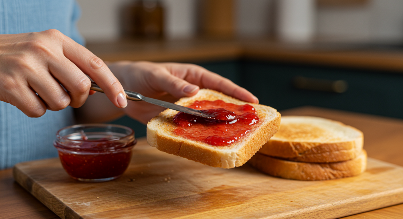 Tartine de pain grillé avec de la confiture de fraise allégée en sucre