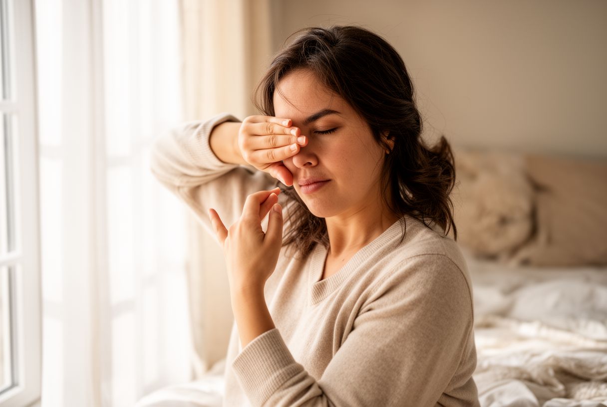 Femme s'étirant près d'une fenêtre le matin, cherchant à retrouver de l'énergie