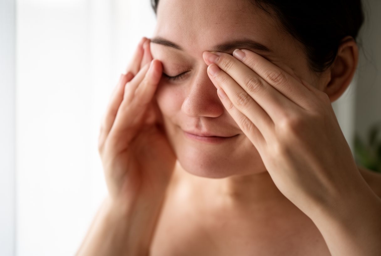 Femme se massant les tempes près d'une fenêtre, geste apaisant contre le stress
