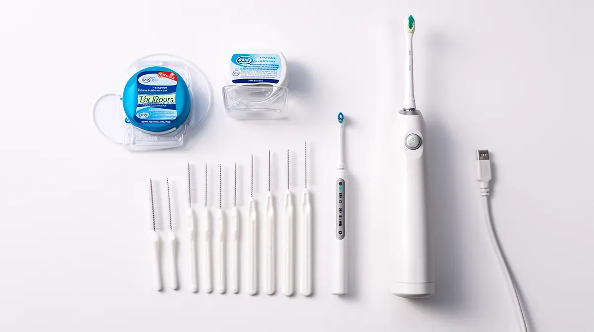 Collection d'outils de nettoyage dentaire sûrs : fil dentaire, brossettes interdentaires et brosse électrique