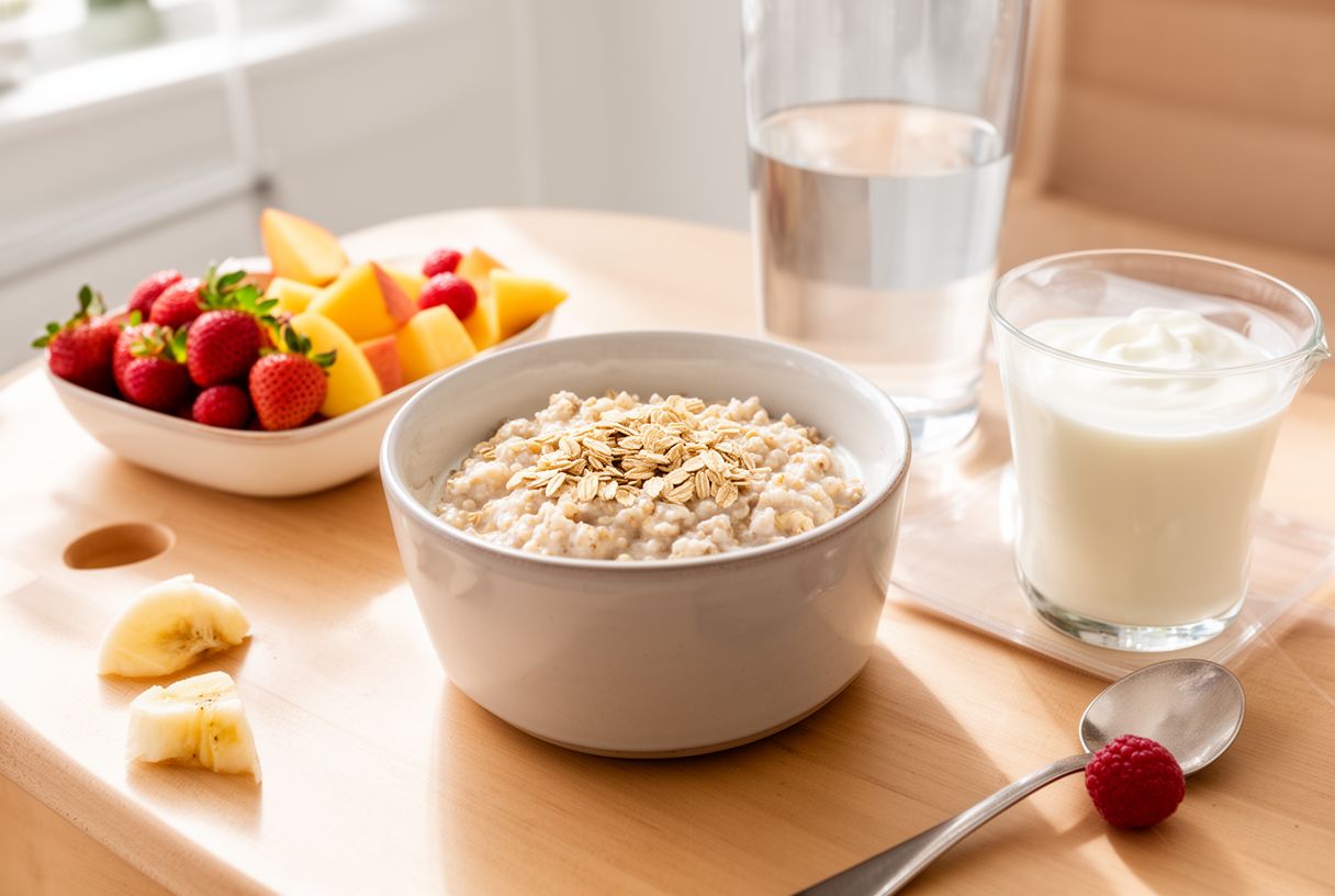 Petit-déjeuner équilibré avec flocons d'avoine, fruits et yaourt sur une table lumineuse