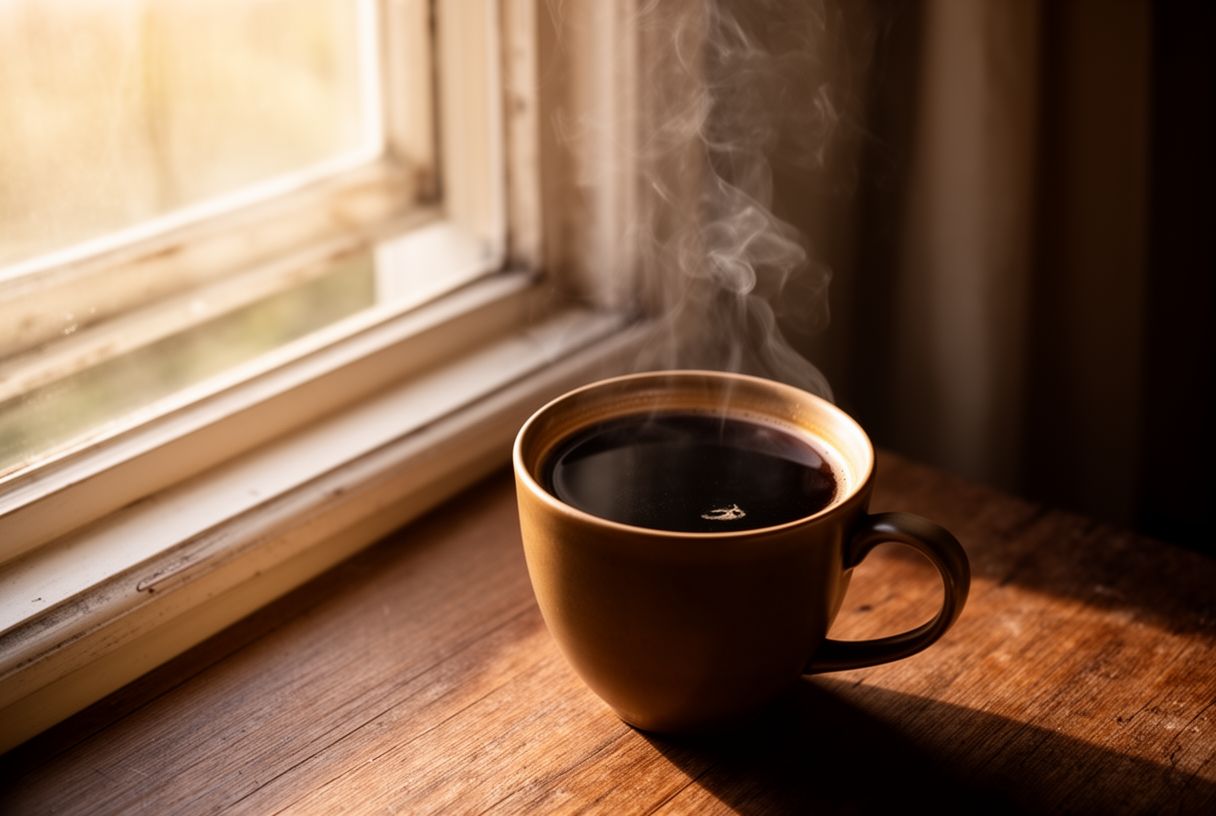 Tasse de café fumant près d'une fenêtre au petit matin