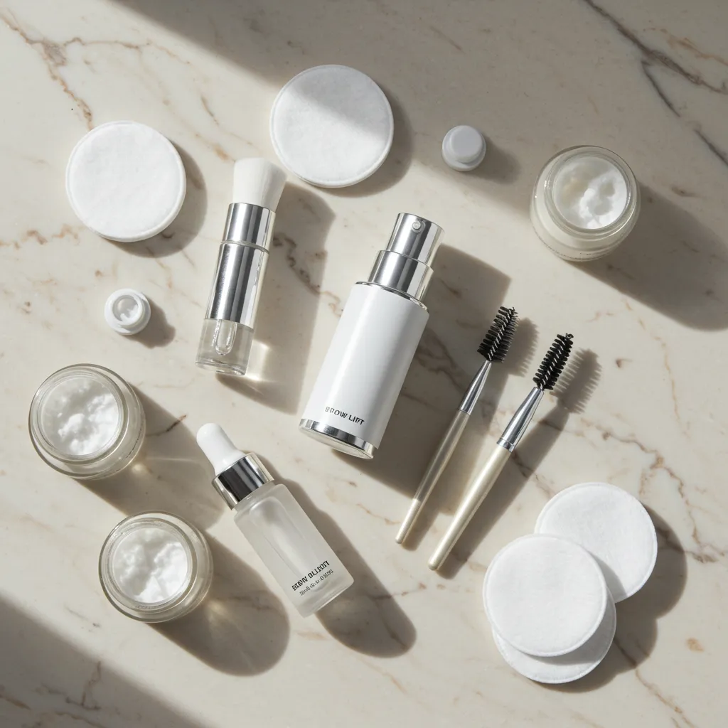 Produits et accessoires de soin pour brow lift disposés de manière esthétique sur une surface en marbre