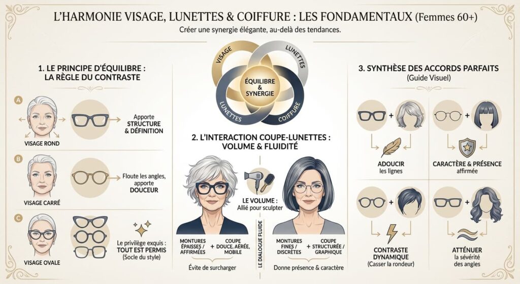 Coupe de cheveux femme 60 ans - harmonie visage et lunettes.