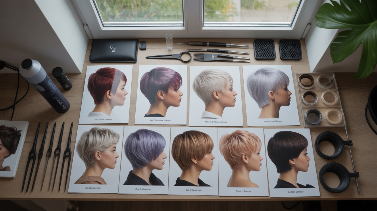 Présentation artistique de coupes courtes modernes avec outils de coiffage professionnels