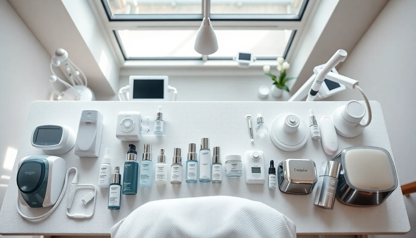 Sélection de différents appareils et produits de traitement professionnel utilisés en institut pour soins du visage